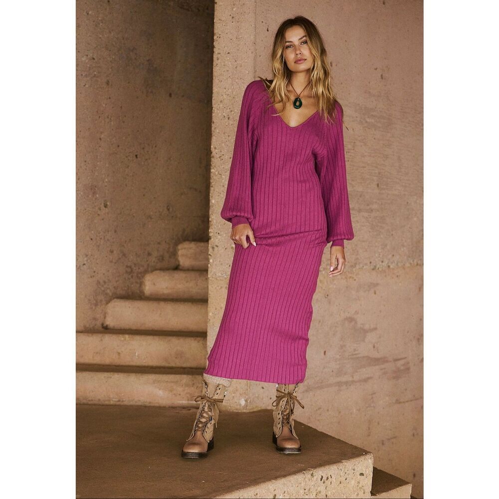 Free People Beach Sweater Dress Rosha Midi Pullover Ribbed Pink Large